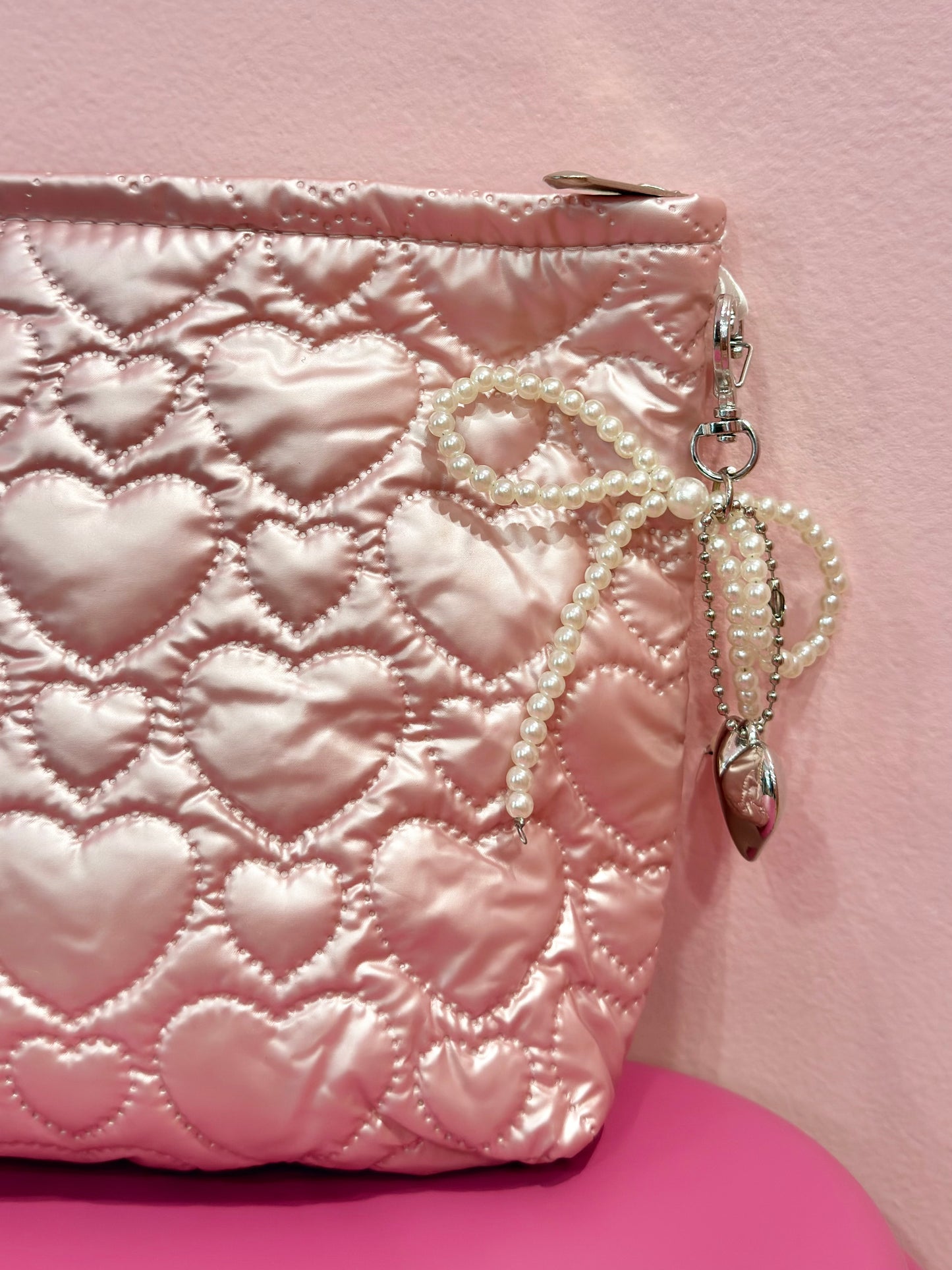Heart Quilted Pink Makeup Pouch With Keychain