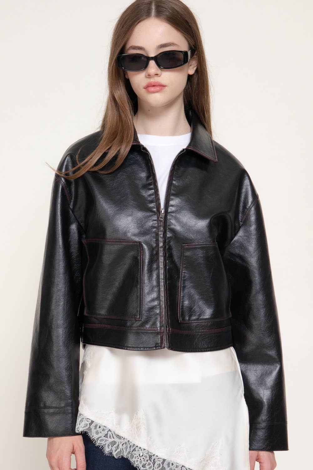 Lapel Collar Washed Effect Faux Leather Jacket