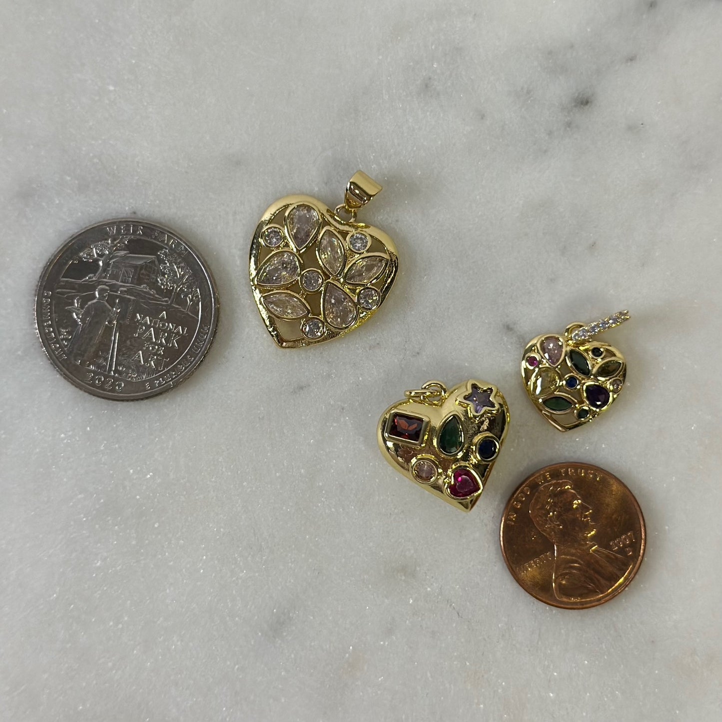 Bejeweled Gold Heart Pendants