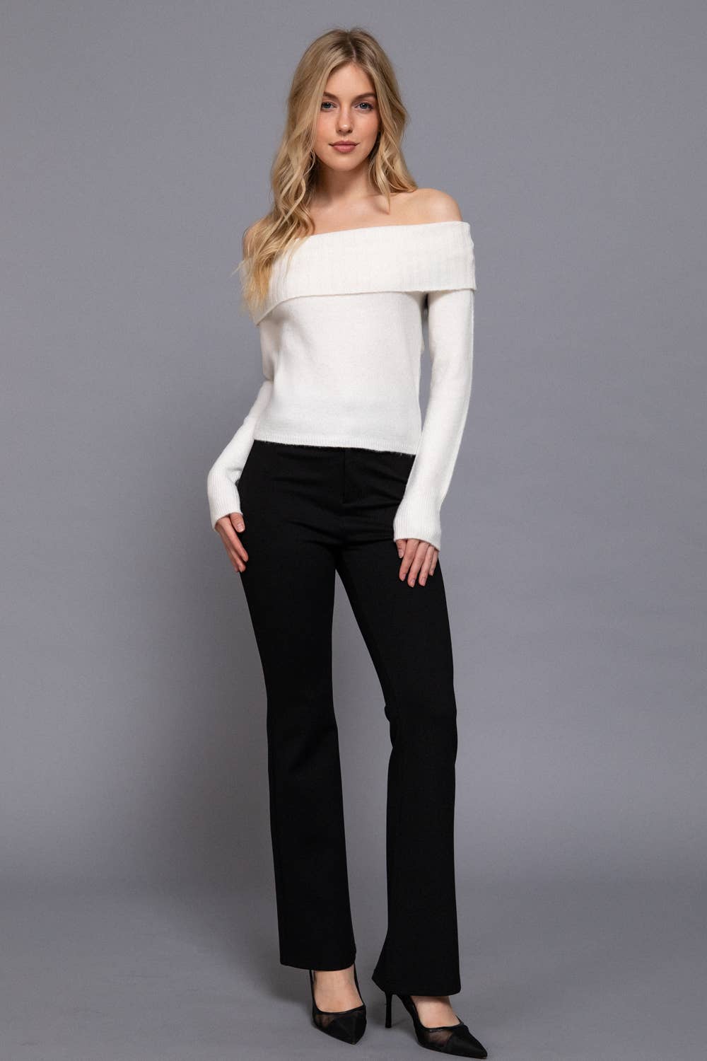 Long Sleeve Off The Shoulder Cozy Sweater - Off White