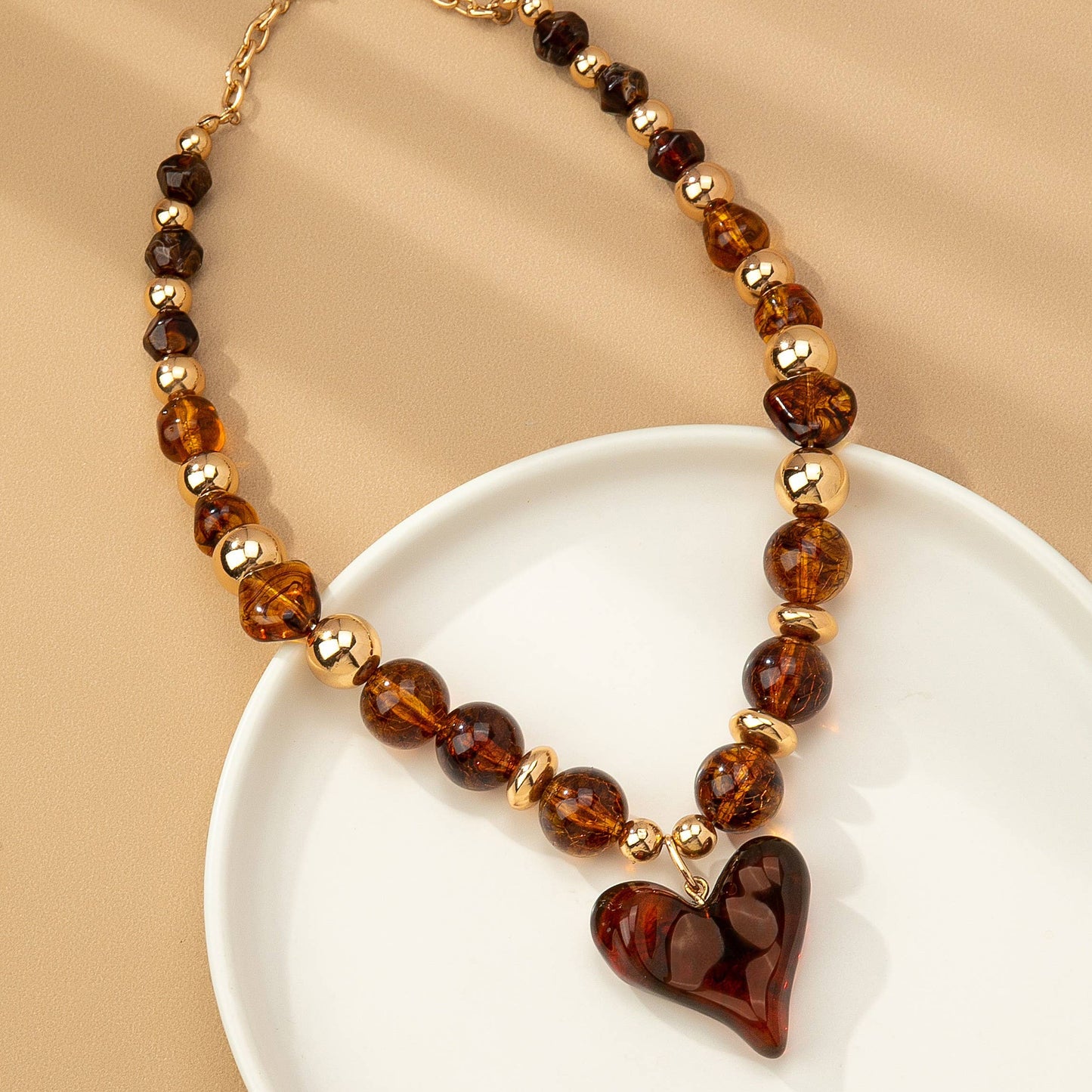 Chunky Beaded Brown Heart Charm Necklace
