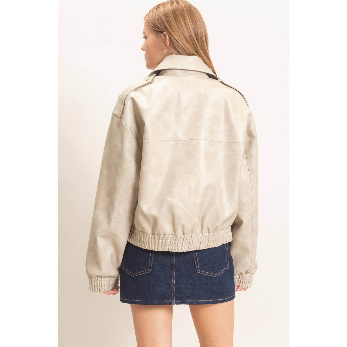 Faux Leather Collared Bomber Jacket