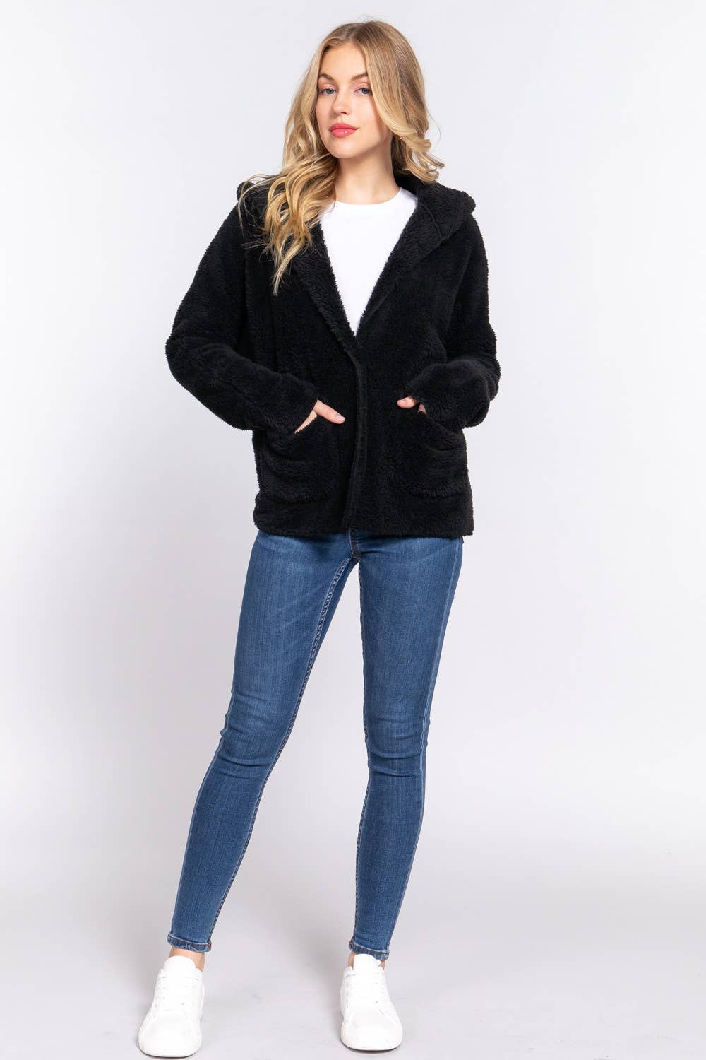 Black Dolman Sleeve Hoodie Sherpa Jacket