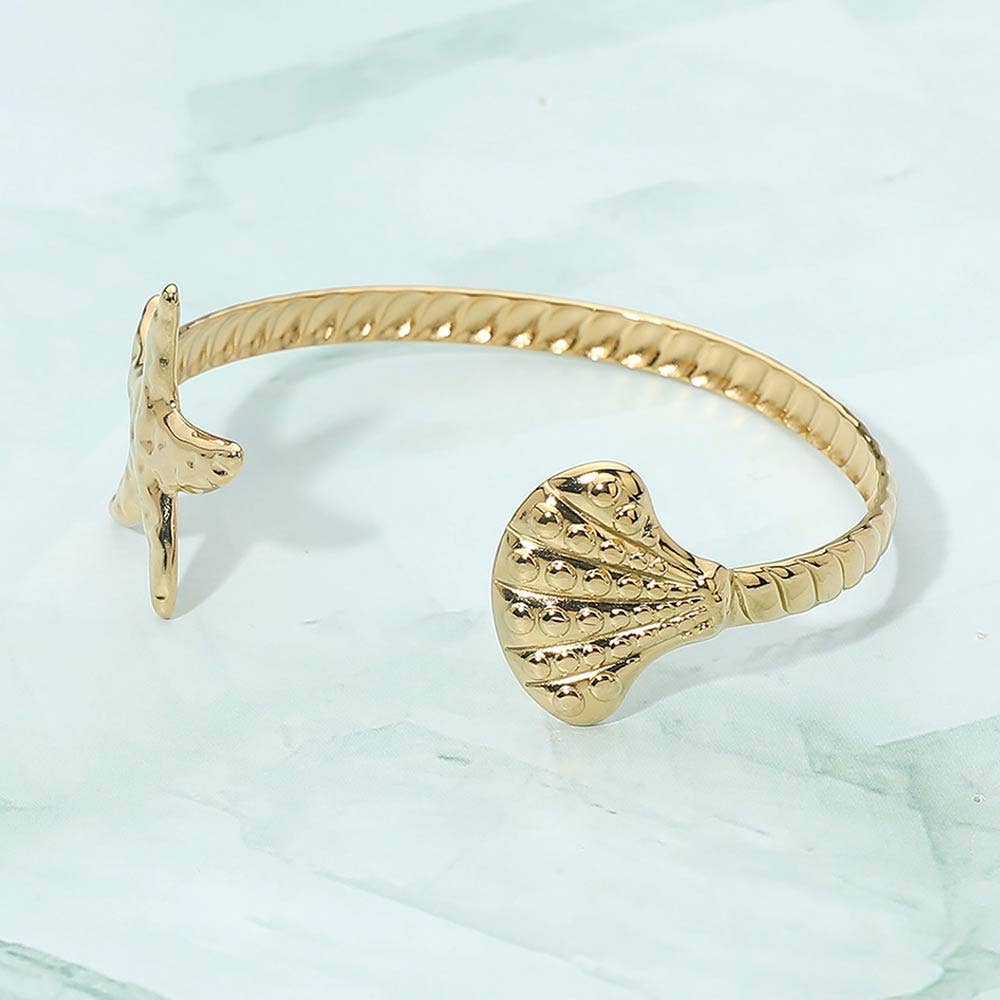 Stainless Steel Textured Starfish Seashell Tip Open Cuff Bracelet