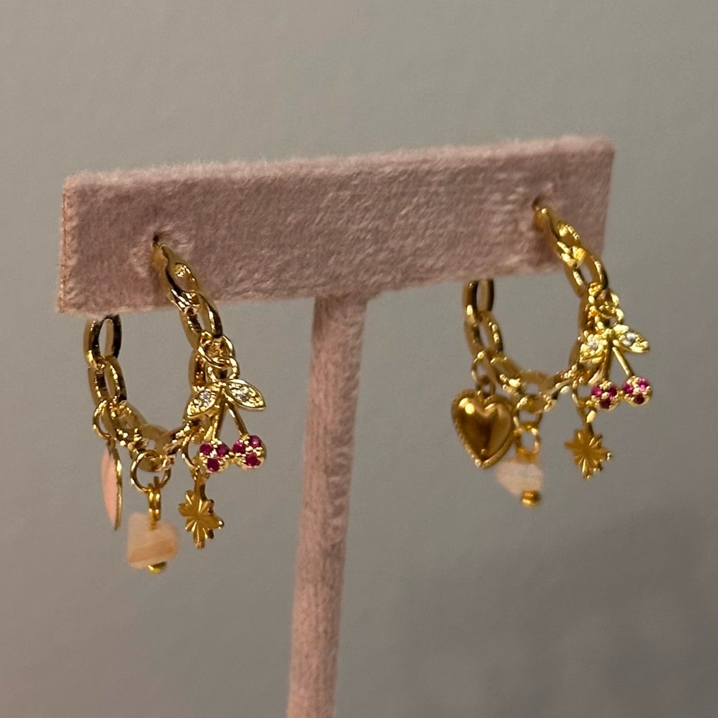 Chain Hoop Charm Earrings - Pink Cherry Dreams
