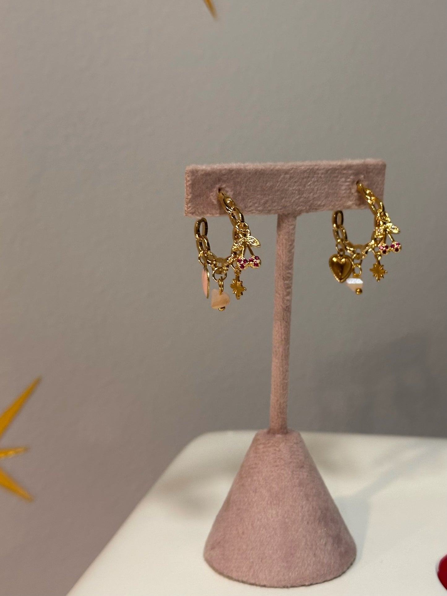 Chain Hoop Charm Earrings - Pink Cherry Dreams