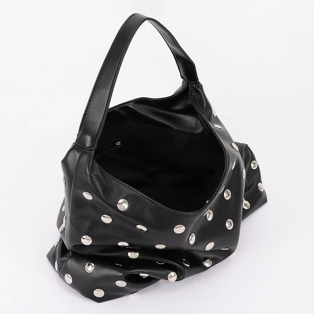 Studded Faux Leather Black Hobo Bag