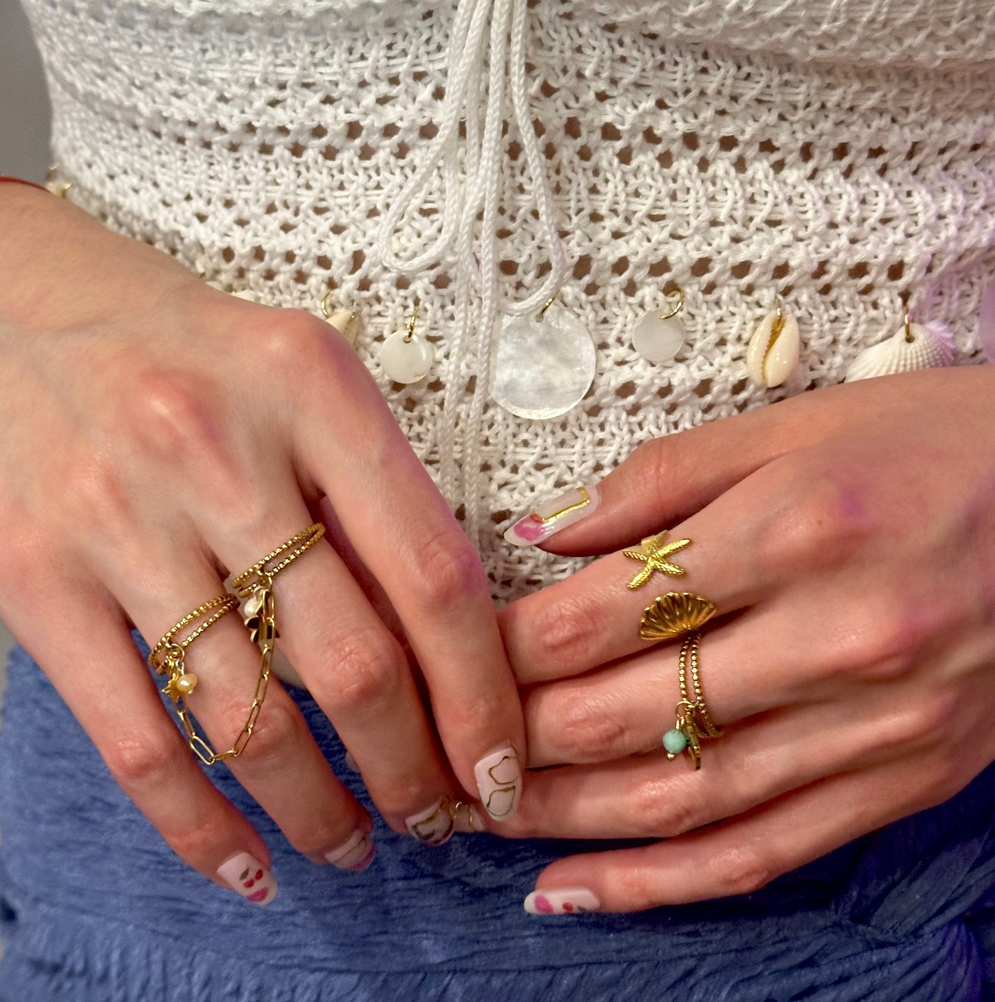 Double Chain Ring W/ Charms (Adjustable)