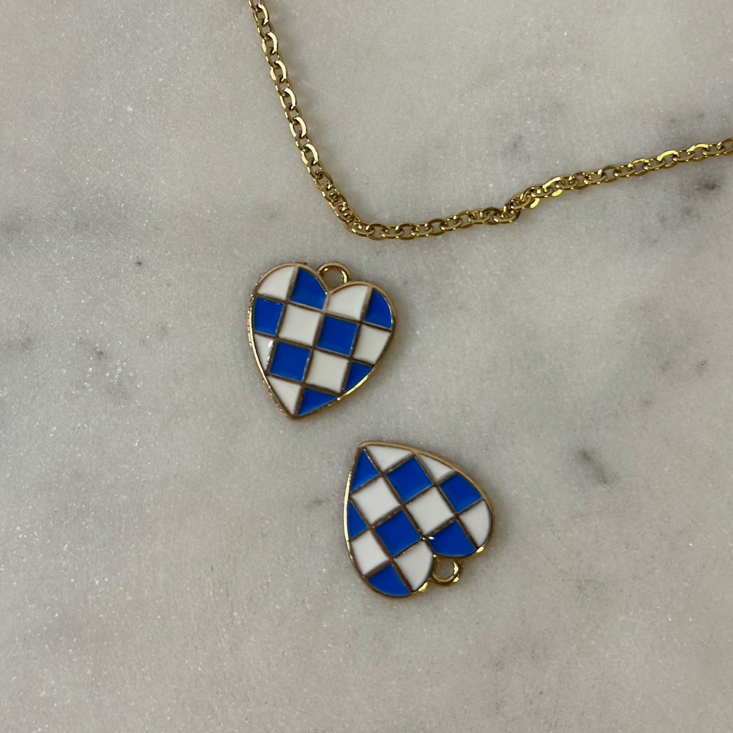 Checkered Blue and White Heart Gold Charm