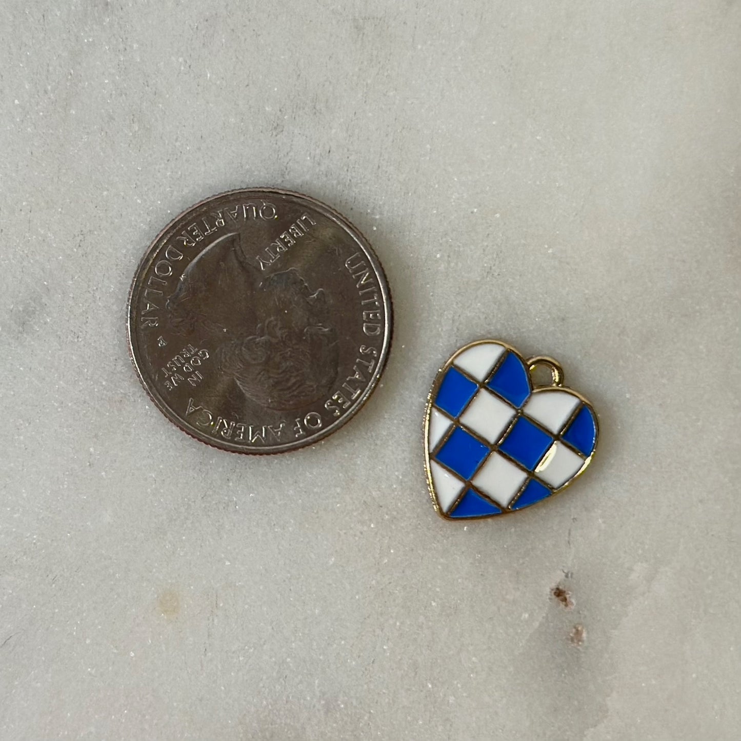Checkered Blue and White Heart Gold Charm