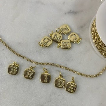 Gold Square CZ Pendant Letters Charm