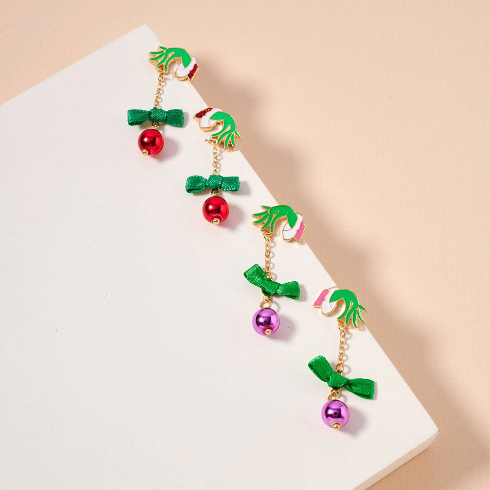 Enamel Grinch Hand Bow Bell Dropdown Earrings