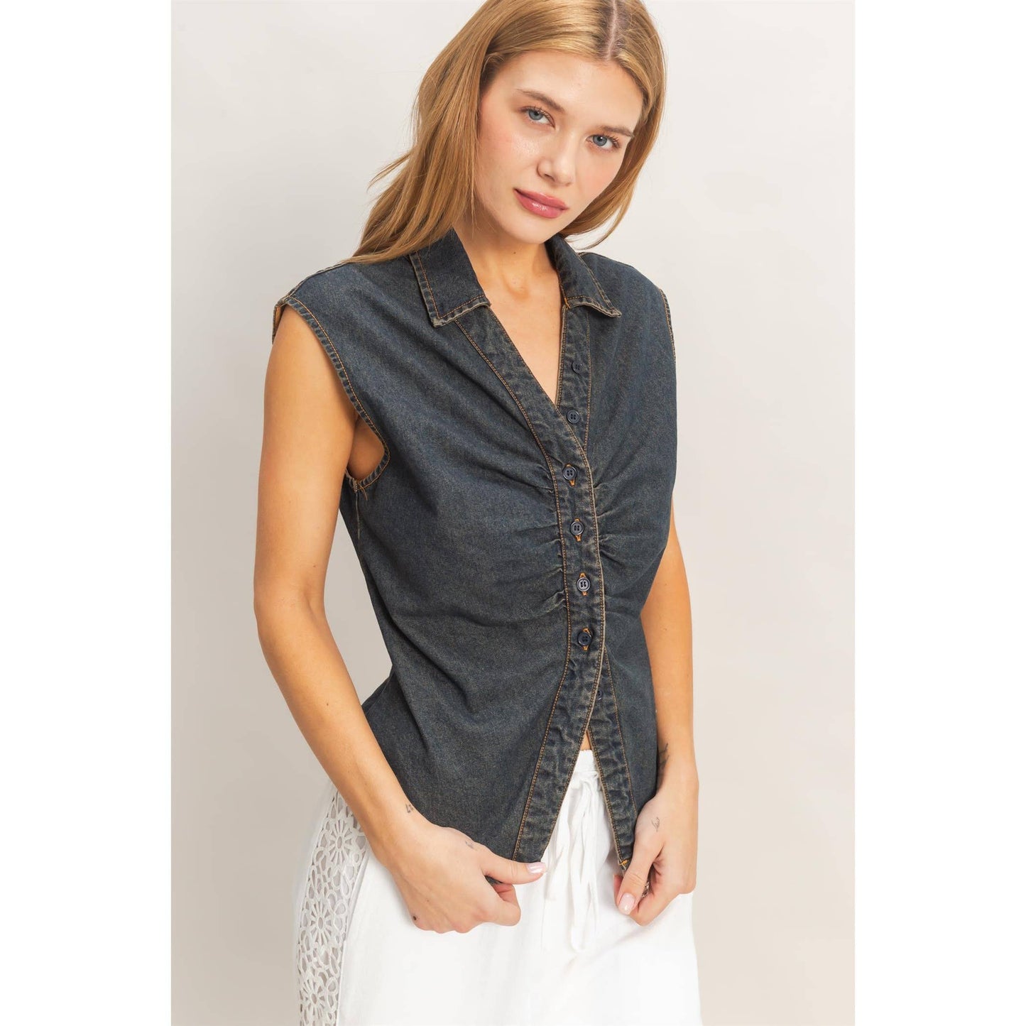 Black Sleeveless Denim Button-Up Top