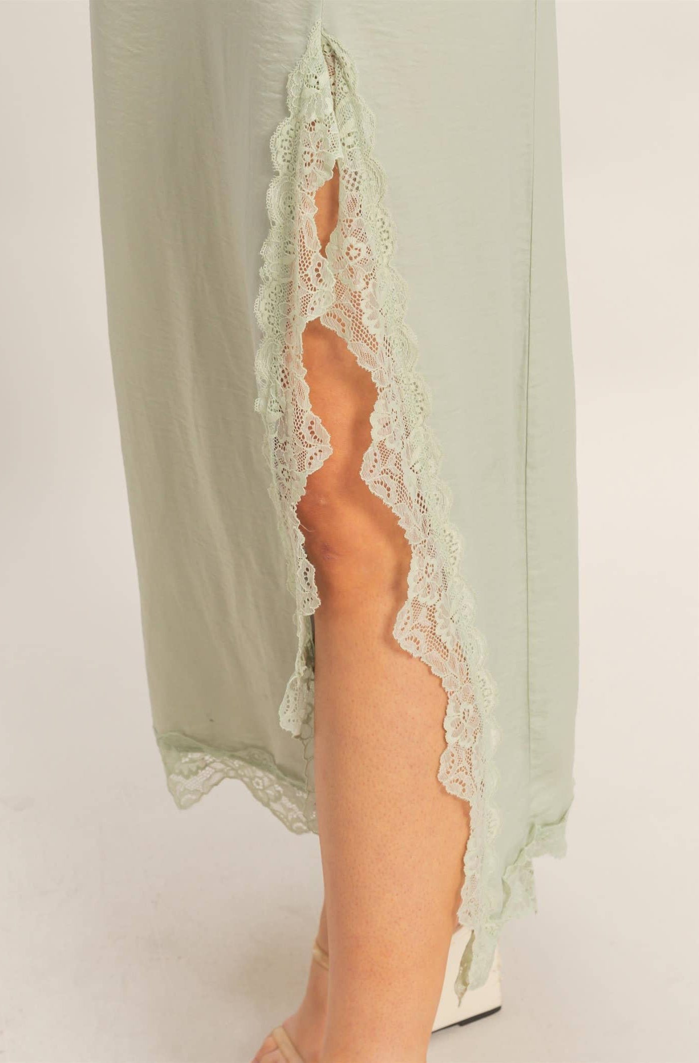 Sage Skirt With Front Slit And Lace Hem