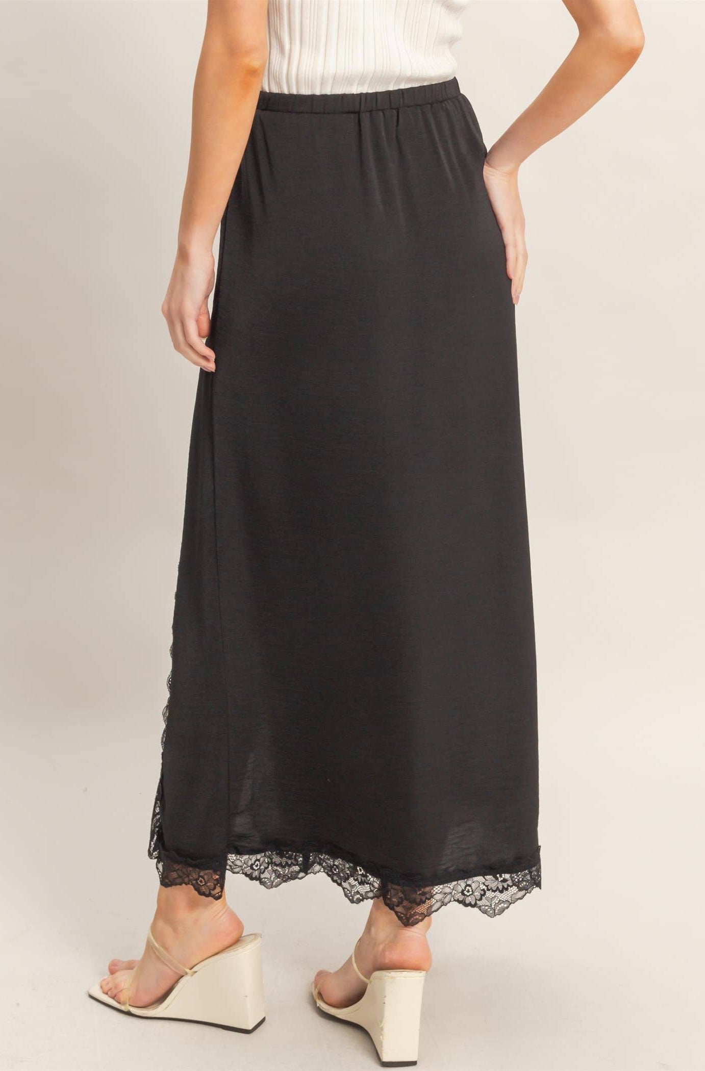 Black Skirt With Front Slit And Lace Hem