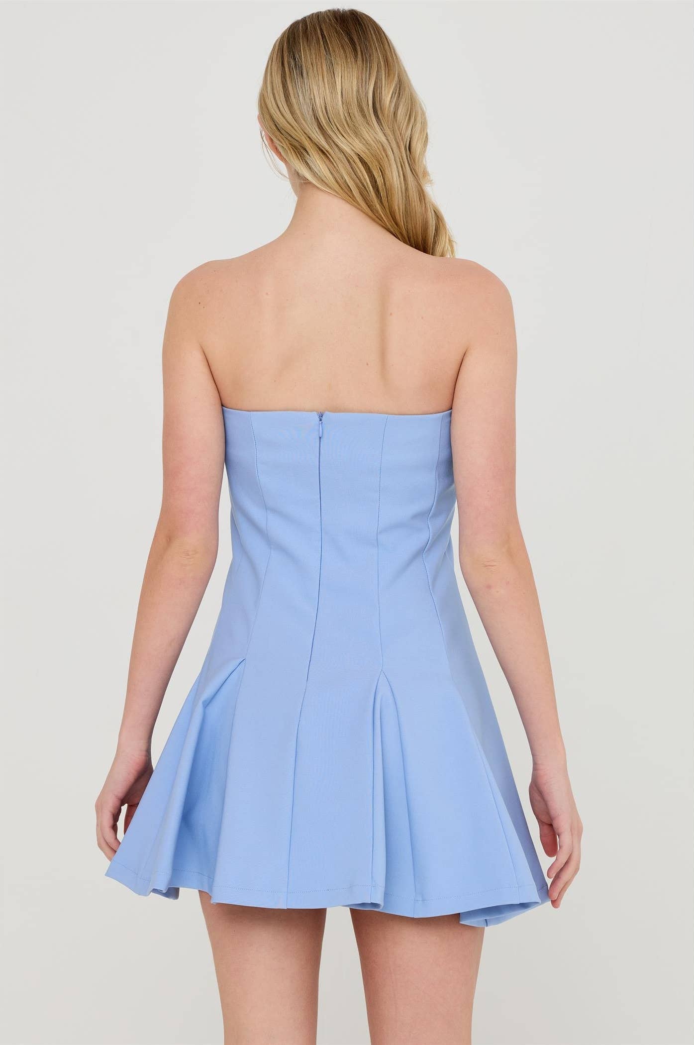 Baby Blue Strapless Tube Dress With Godet