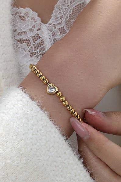 18K Gold Heart Rhinestone Beaded Bracelet