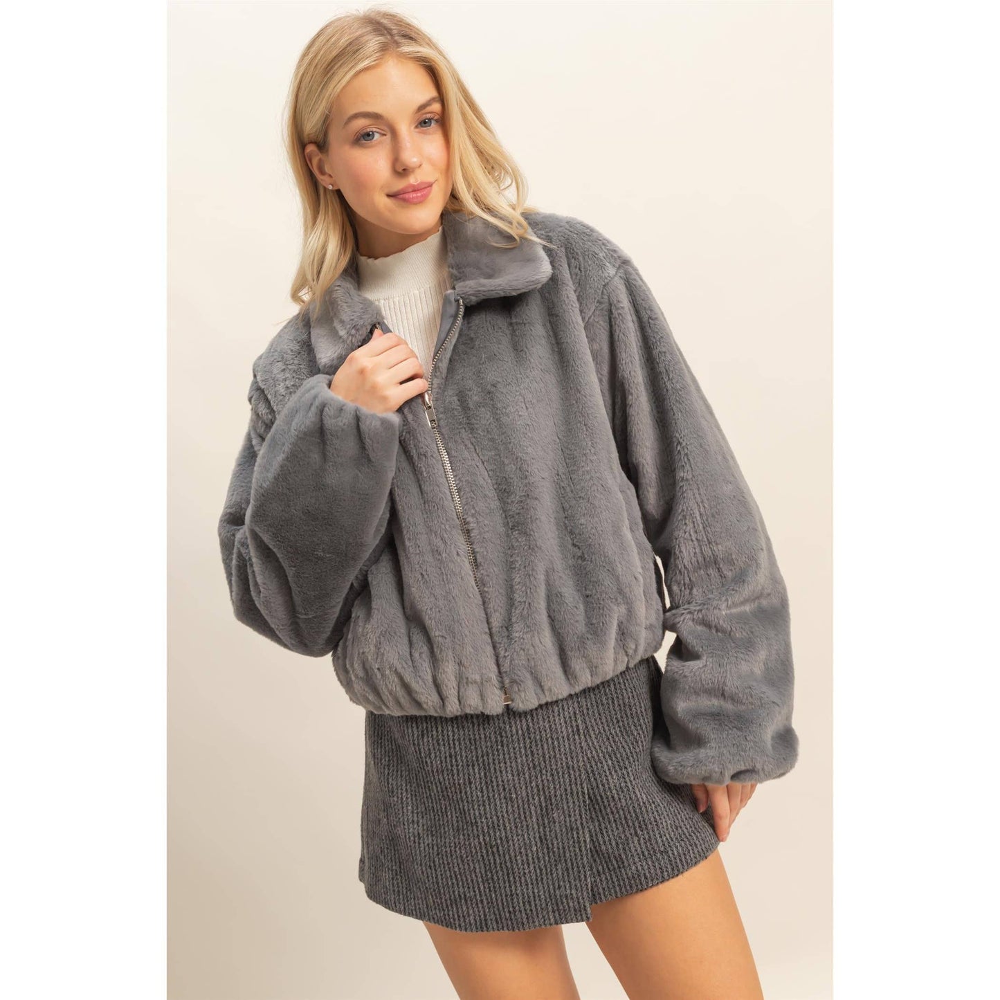 Blue Grey Faux Fur Zip Up Jacket