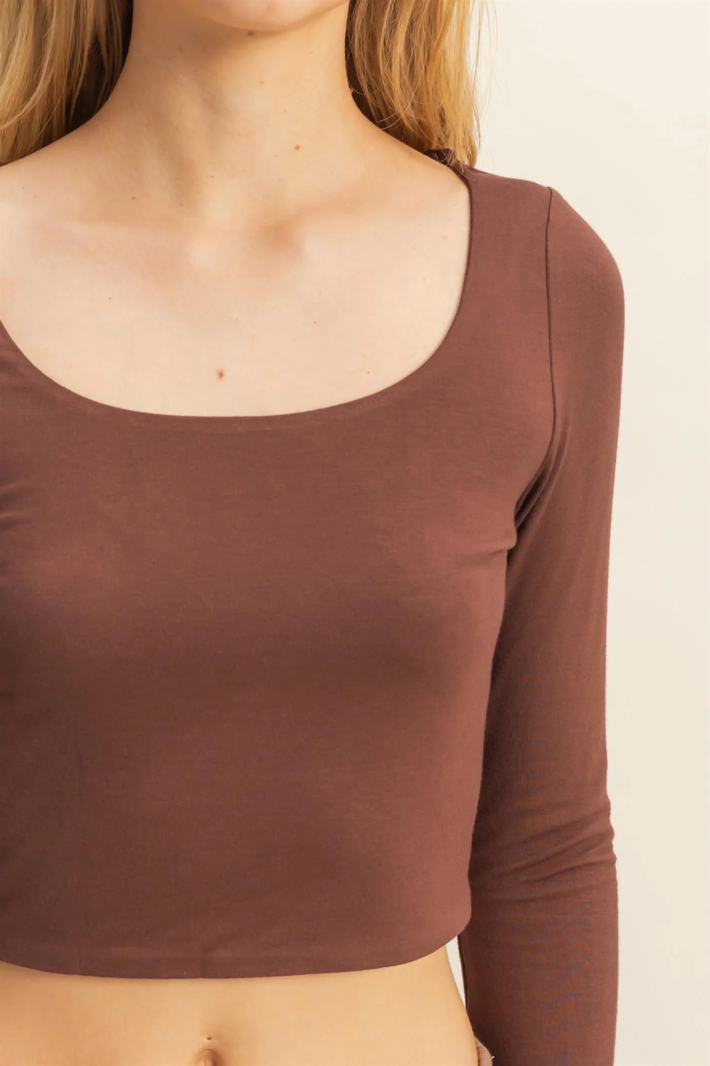 Brown Long-Sleeve Scoop Neck Top