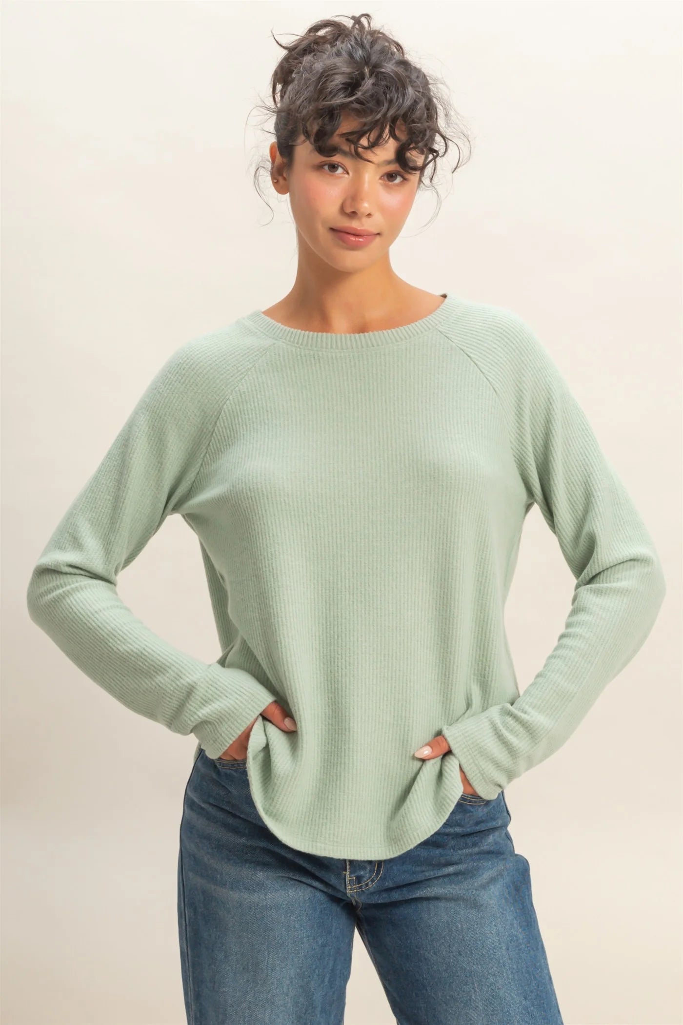 Sage Green Raglan Long Sleeve Casual Top