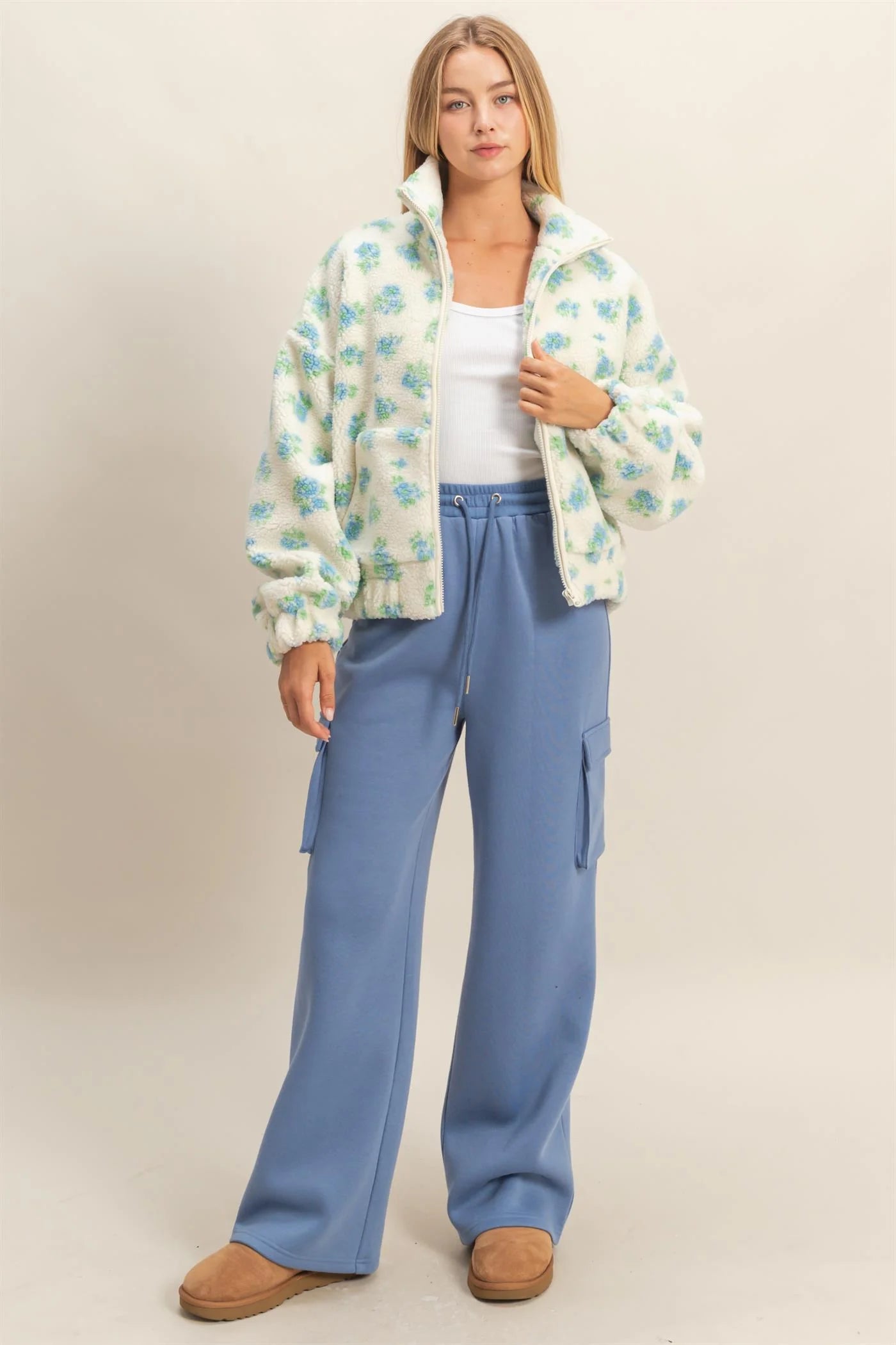Blue/White Floral Print Sherpa Zip-Up Jacket