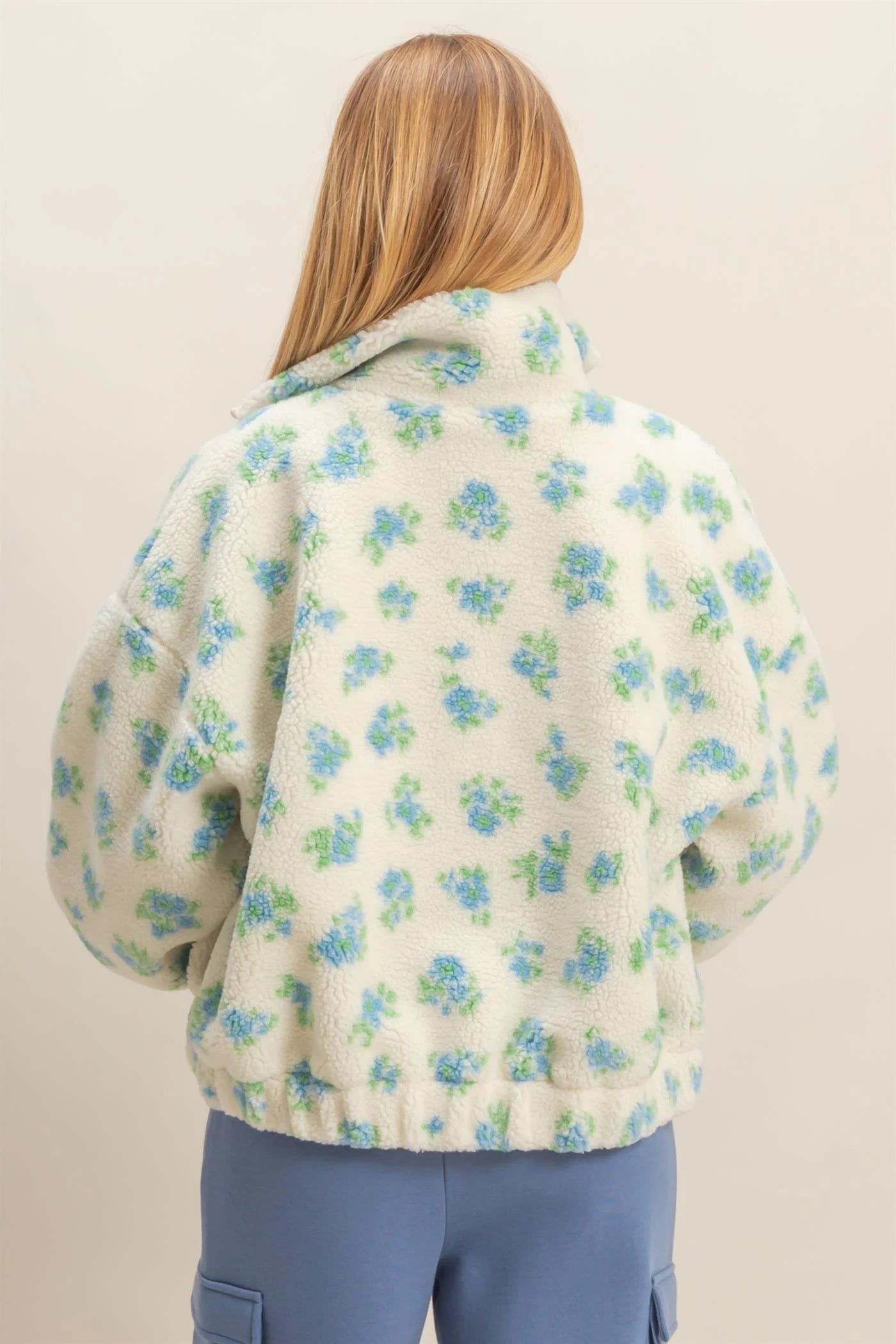 Blue/White Floral Print Sherpa Zip-Up Jacket