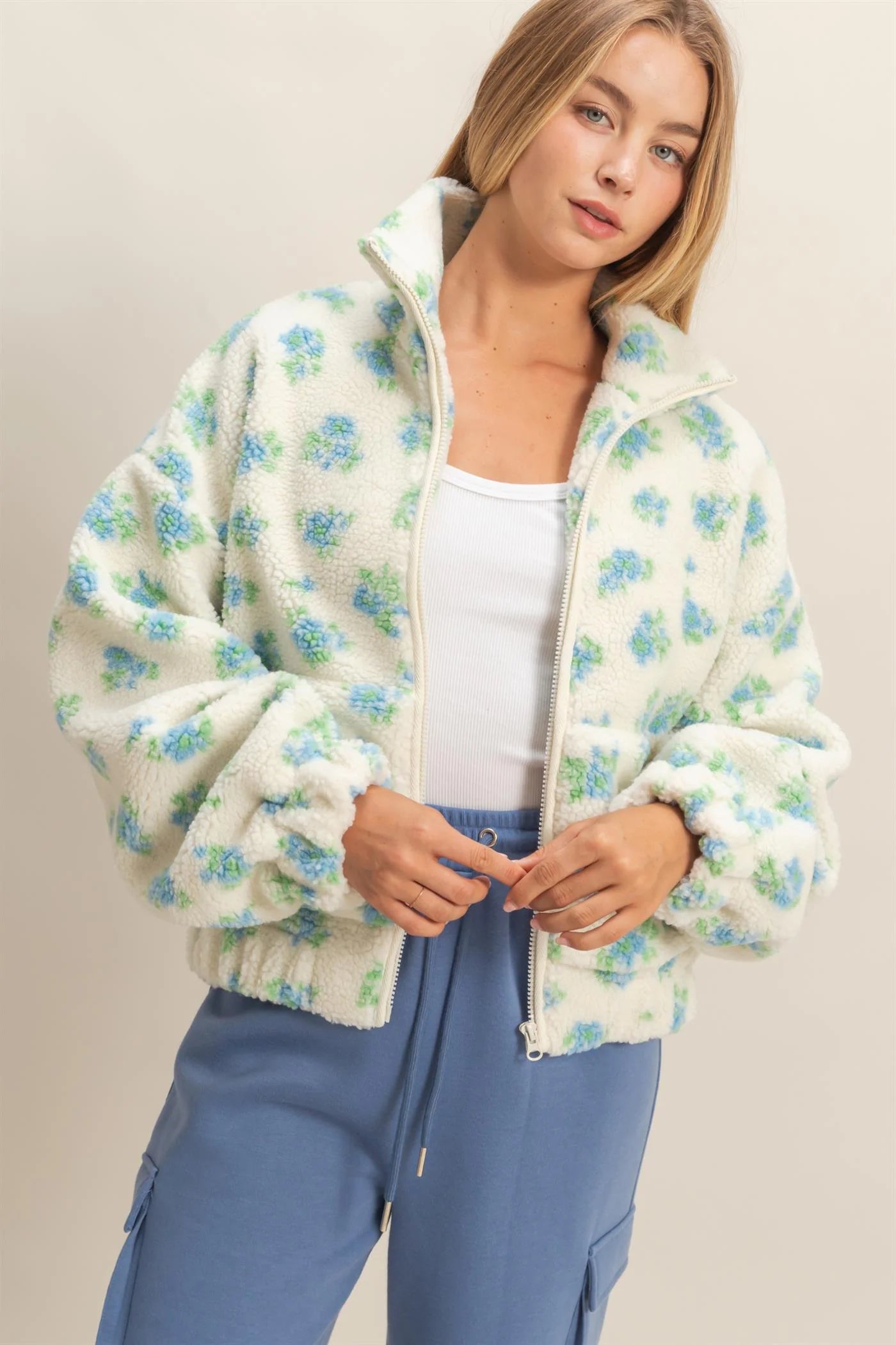 Blue/White Floral Print Sherpa Zip-Up Jacket