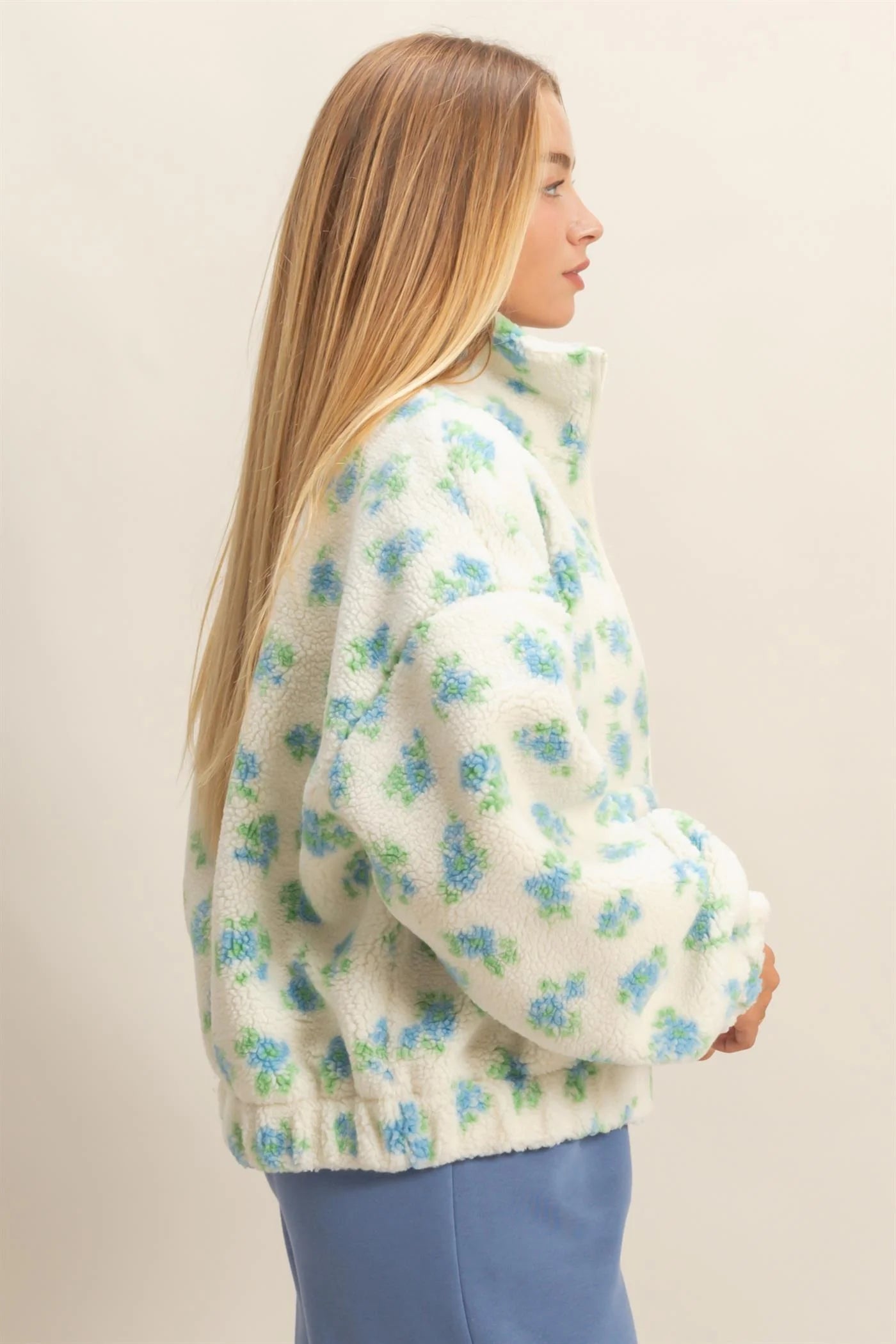 Blue/White Floral Print Sherpa Zip-Up Jacket