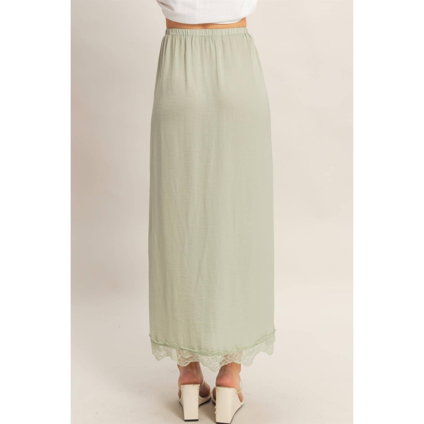 Sage Skirt With Front Slit And Lace Hem