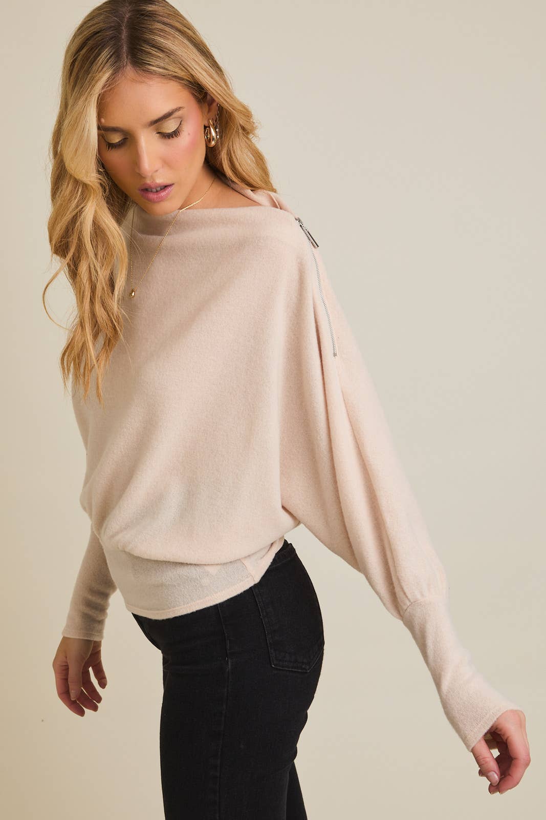 Boat Neck Shoulder Zipper Top