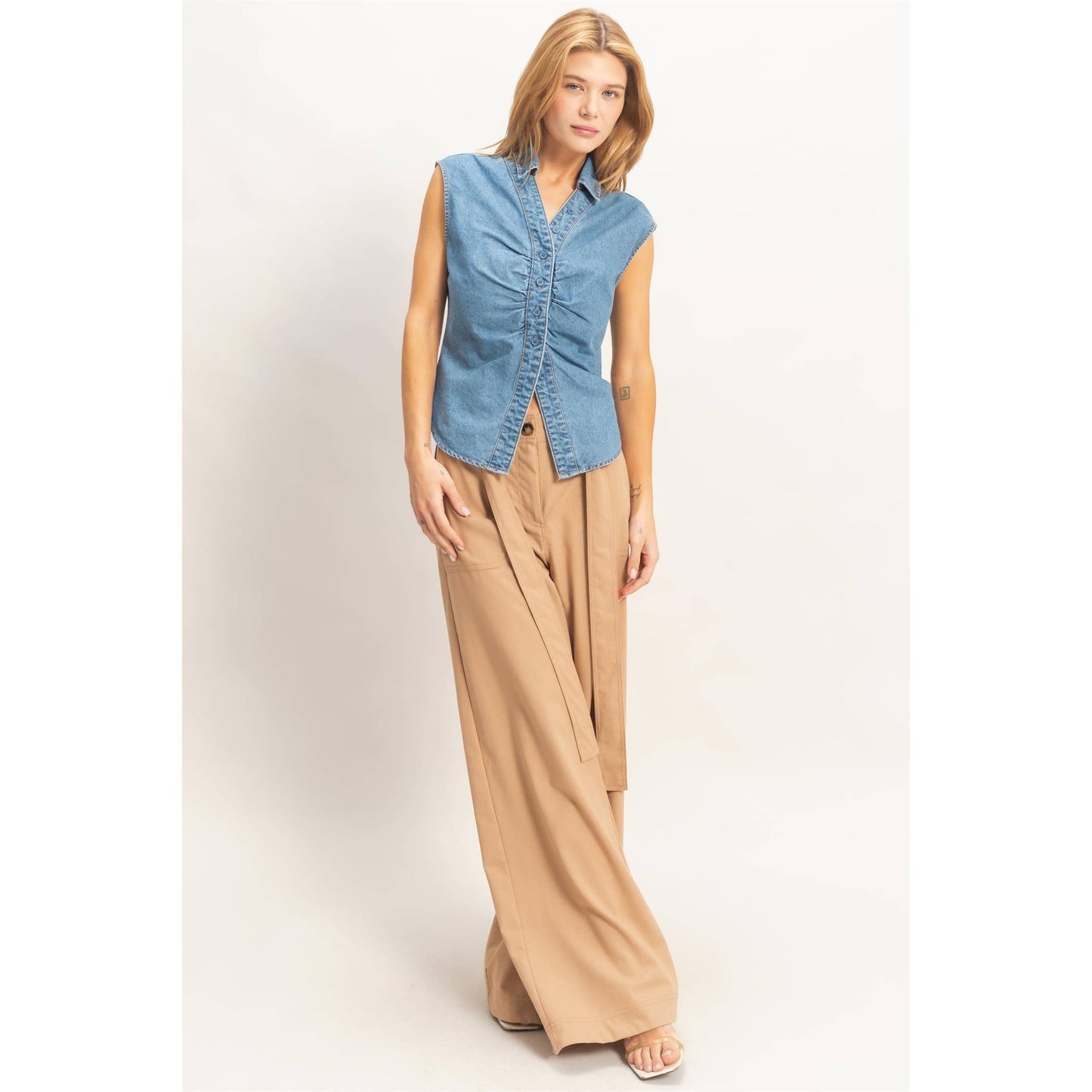 Sleeveless Blue Denim Button-Up Top