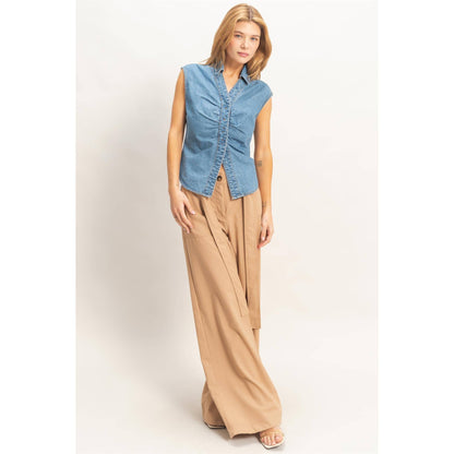 Sleeveless Blue Denim Button-Up Top