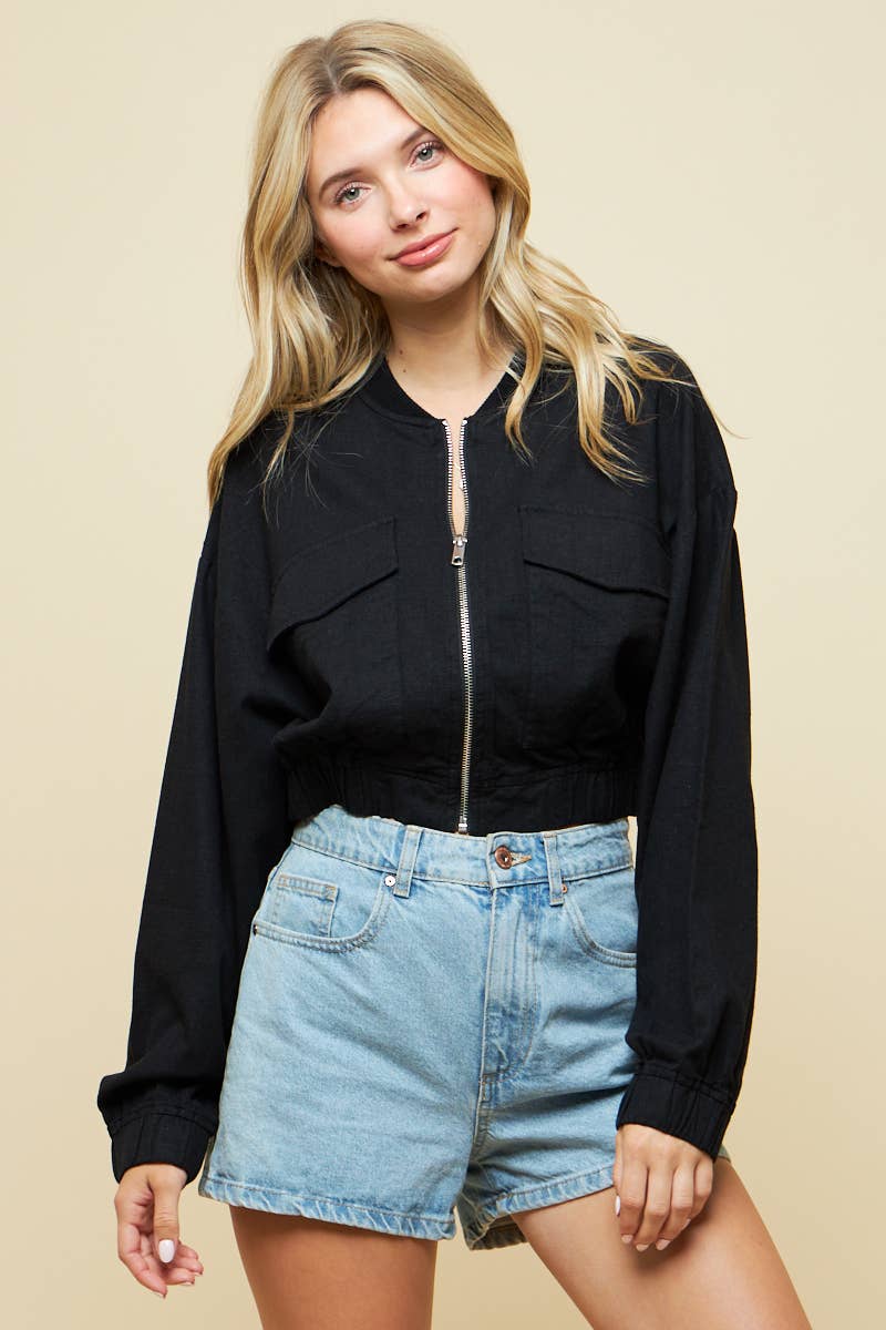 Black Linen Zippered Jacket