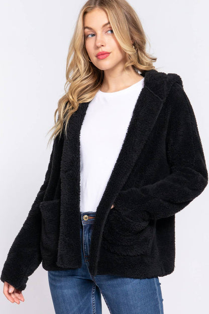 Black Dolman Sleeve Hoodie Sherpa Jacket