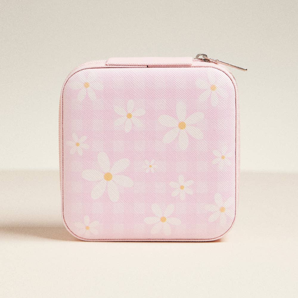 Daisy Flower Checkered Pattern Portable Square Jewelry Box