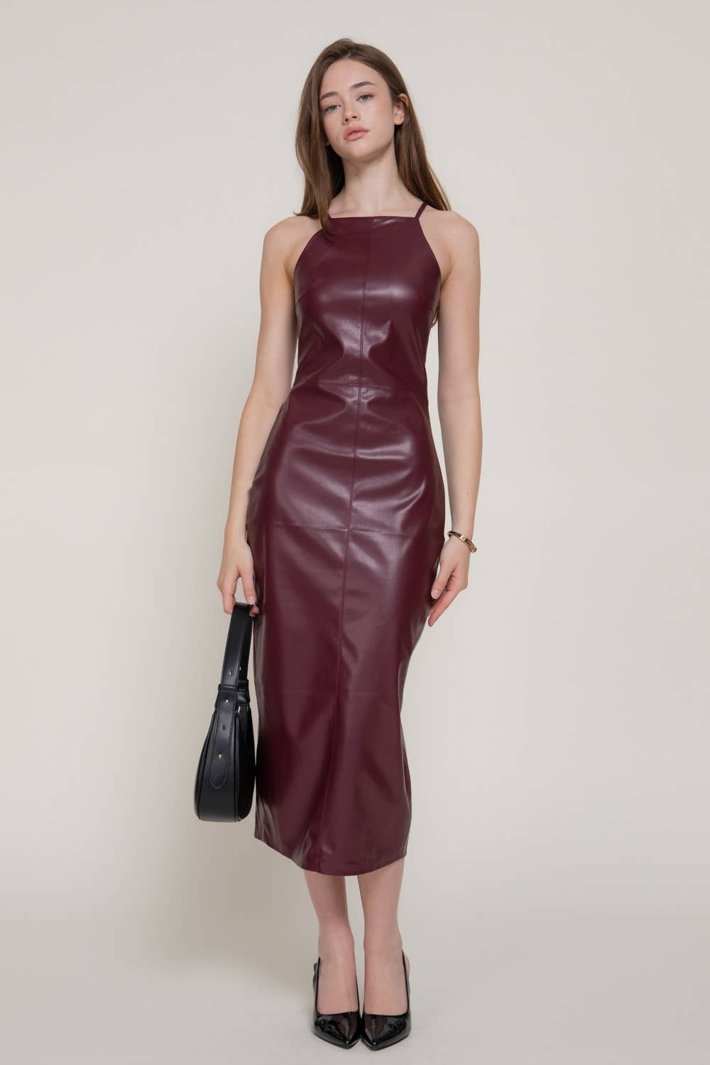 Halter Neck Burgundy Faux Leather Long Dress