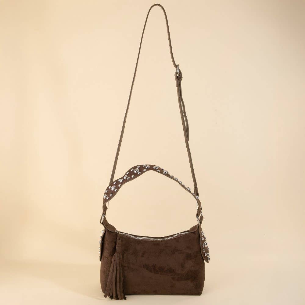 Brown Dome Studded Suede Shoulder Bag