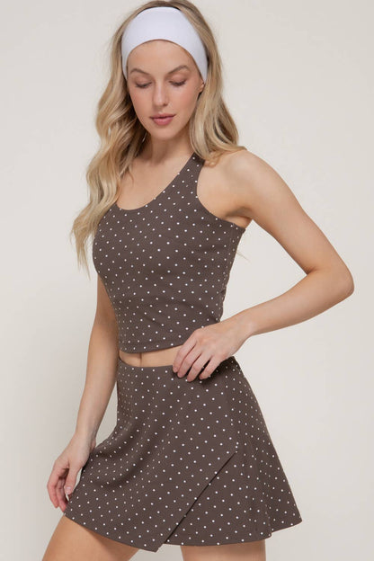 Polka Dot Wrap Activewear Skort in Brown