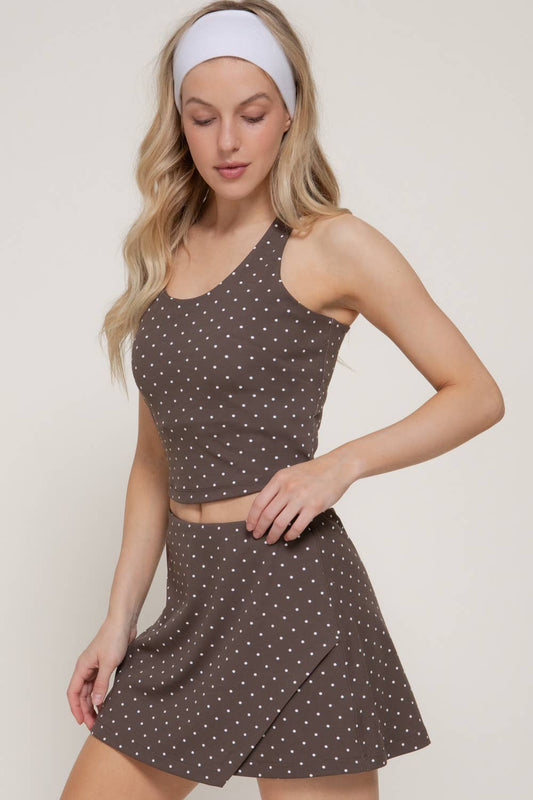 Polka Dot Strappy Back Activewear Tank Top in Brown