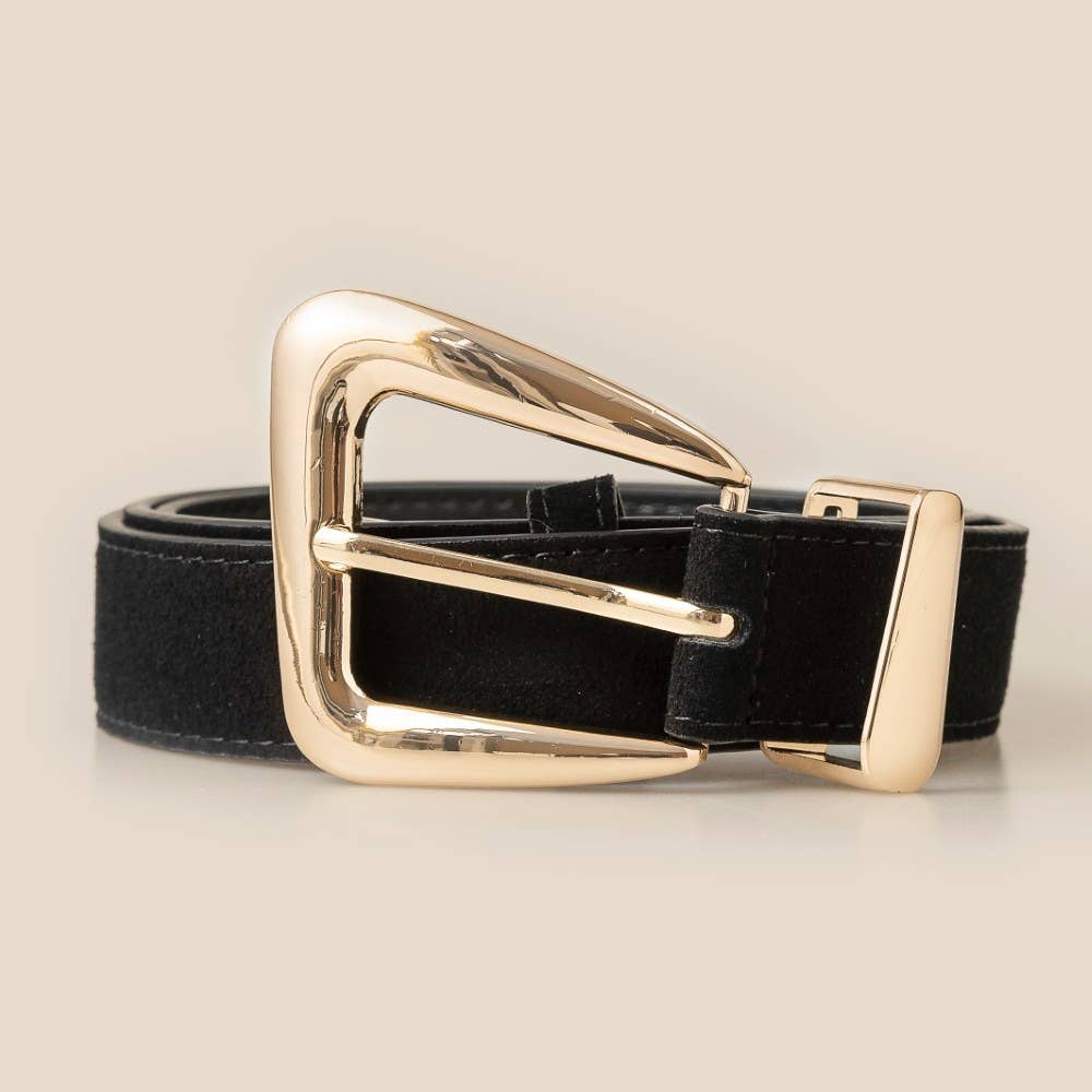 Warped Buckle Suede Leather Belt