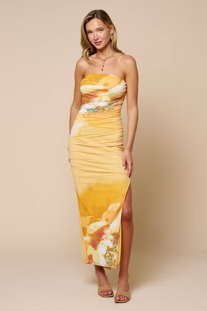 Floral Strapless Ruched Mesh Maxi Dress