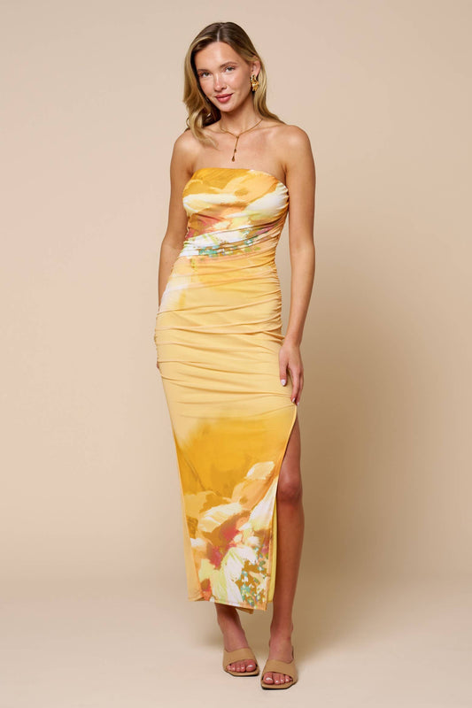Floral Yellow Strapless Ruched Mesh Maxi Dress