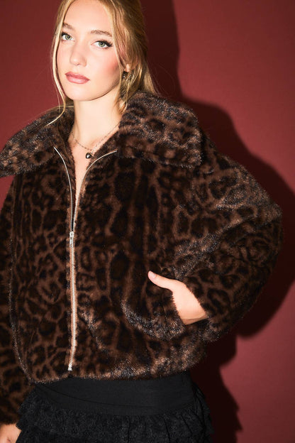 Animal Print Faux Fur Zippered Jacket