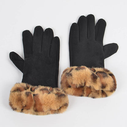Faux Fur Brown Black Gloves
