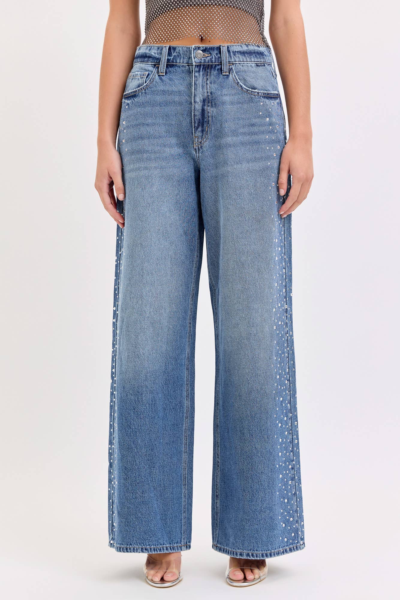 High Rise Wide Leg Rhinestone Jeans