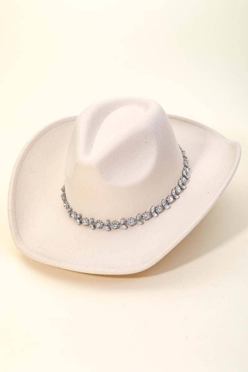 Ivory Flower Rhinestone Chain Strap Western Cowboy Hat