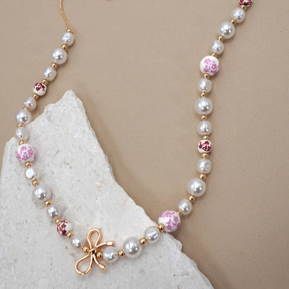 Pink Porcelain Pearl Bow Necklace Gold