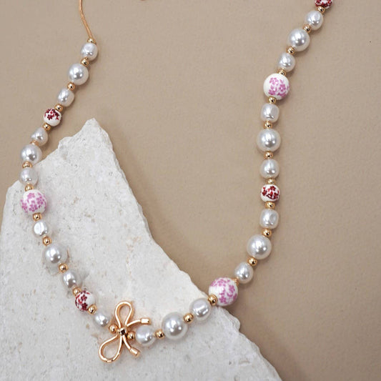 Pink Porcelain Pearl Bow Necklace Gold