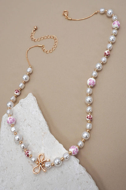 Pink Porcelain Pearl Bow Necklace Gold