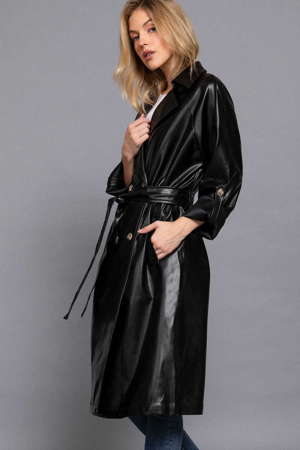 Double Breasted Black Faux Leather Trench Coat